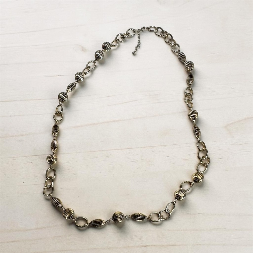 Antique Gold Tone Linked Station 34" Necklace Ribbed‎ Bead Chunky Link